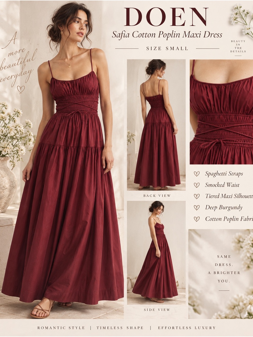 DÔEN Safia Cotton Poplin Smocked Maxi Dress Burgundy Size Small NWOT